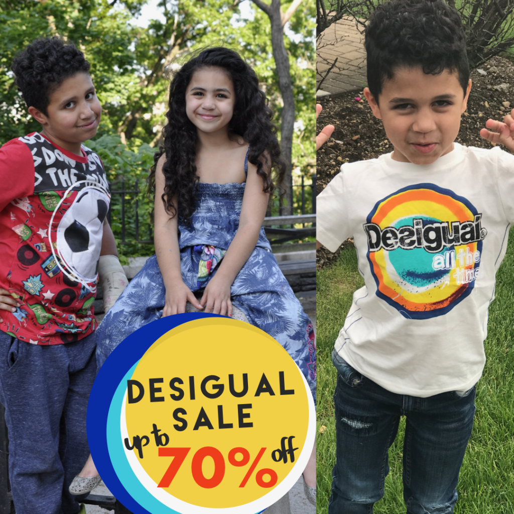 3 kids wearing Desigual clothes 2 boys with a girl in the middle Desigual sale 70% off