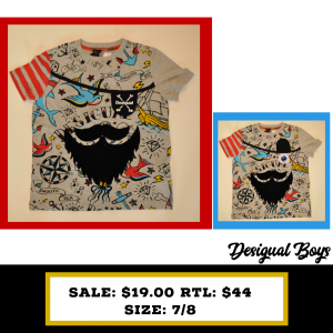 Desigual Kids 7/8 pirate tshirt grey with red/blue/yellow print, beard and open/close patch